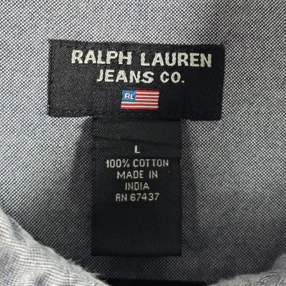 Ralph Lauren Jeans Co 100% Cotton Mens Large Long Sleeve Blue Button Shirt - Picture 3 of 5